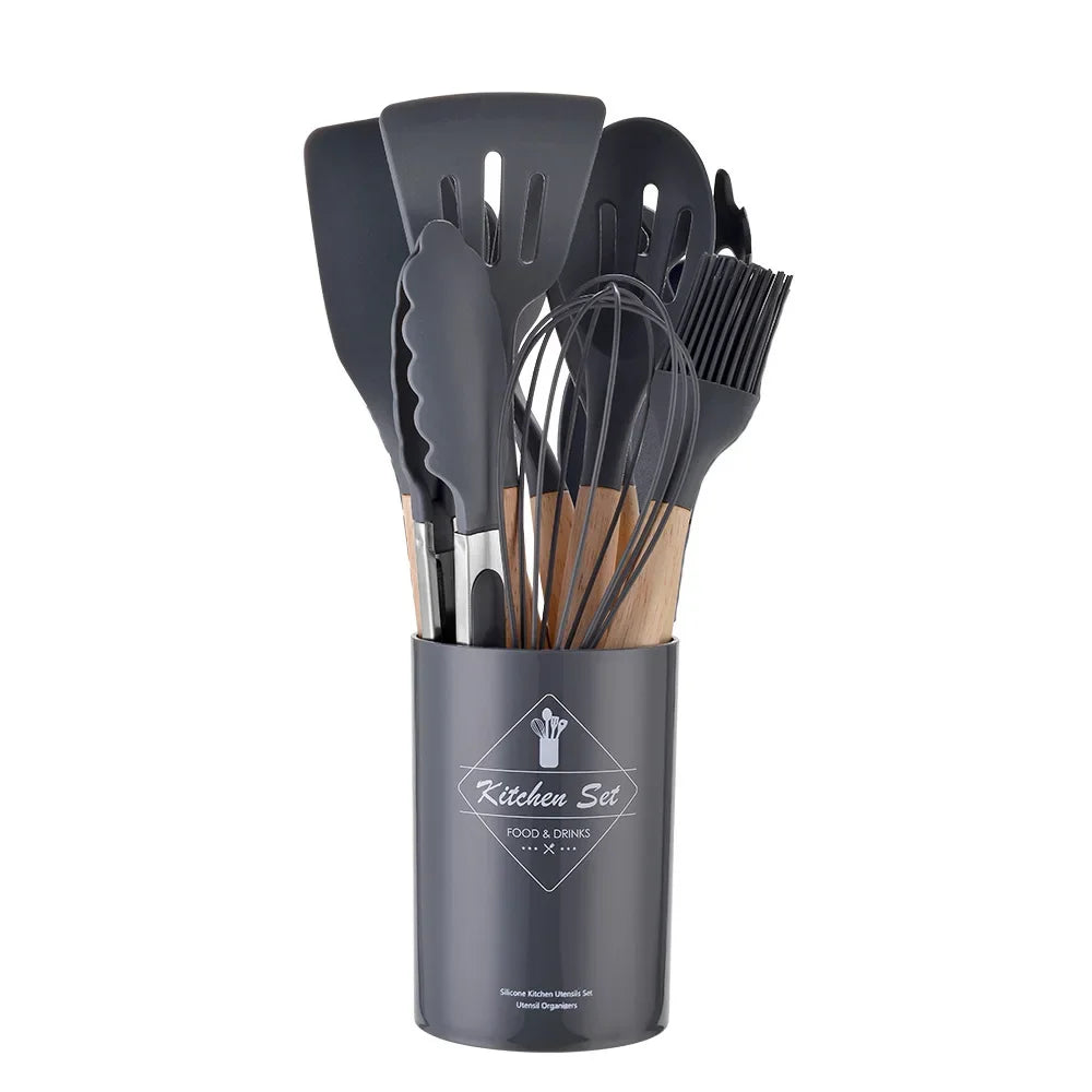 12PCS Mint Green Silicone Kitchen Utensils Set with Wooden Handle, Non-Stick Cooking Tools & Utensil Holder Organizer