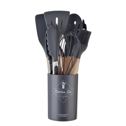 12PCS Mint Green Silicone Kitchen Utensils Set with Wooden Handle, Non-Stick Cooking Tools & Utensil Holder Organizer