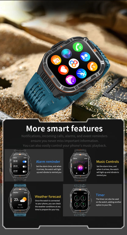 New Smart Watch Men 2.01"HD Screen 3ATM Waterproof Flashlight Health Monitor 1100mAh Battery Sport Bluetooth Call Smartwatch