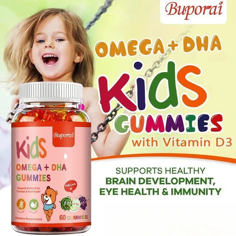 Kids Omega+DHA Gummies with Vitamin D3 -  High IQ Brain Enhancer, Improve Memory and Concentration