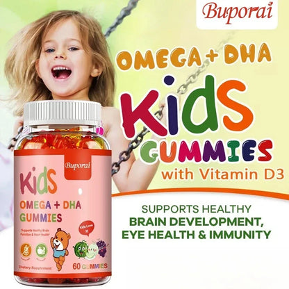 Kids Omega+DHA Gummies with Vitamin D3 -  High IQ Brain Enhancer, Improve Memory and Concentration
