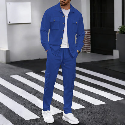 New men's four season outdoor trend casual waffle solid color workwear button pocket lapel jacket workwear pants two-piece set