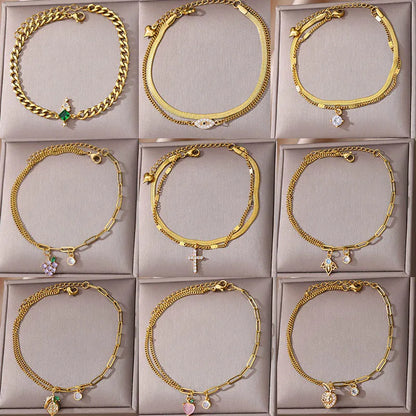 Zircon Cross Anklets For Women Gold Color Stainless Steel Cross Anklet Double Chain Summer Beach Party Jewelry Gift Accessories