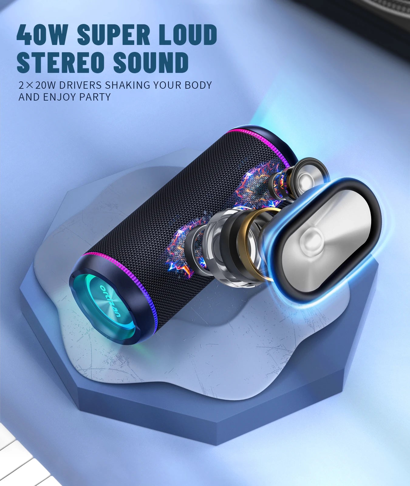 Ortizan X30 Portable Bluetooth Speakers Bass Boost 40W Powerful Wireless IPX7 Waterproof Speaker with 6600mAh Battery USB/TF/AUX
