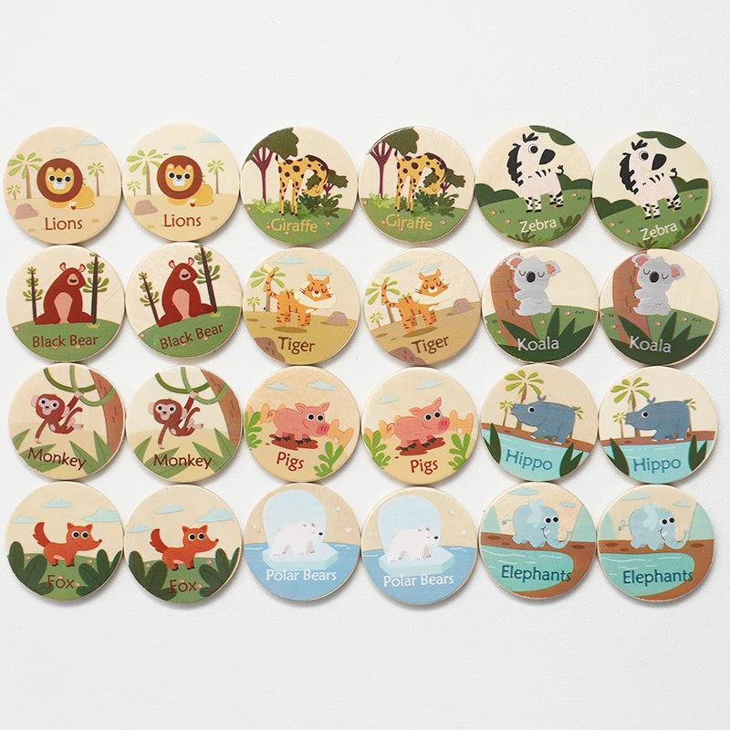 Children's Wooden Memory Matching Game with Educational Dinosaur, Animal, and Ocean-Themed Toys to Find the Same Ones