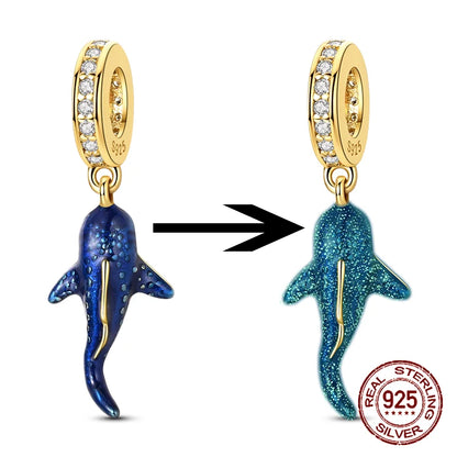 925 Sterling Silver Luminous Color-Changing Shark Dangle Charm Animals Pendant Fit Original Bracelet DIY Women Jewelry Gift