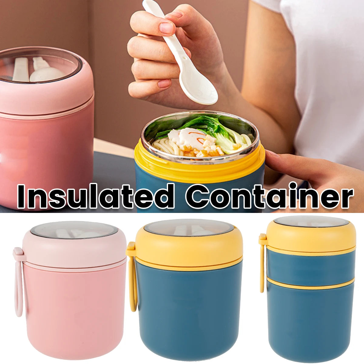 Vacuum Insulated Food Container for Hot Food 304 Stainless Steel with Foldable Spoon Handle Portable Thermoses for Office Work