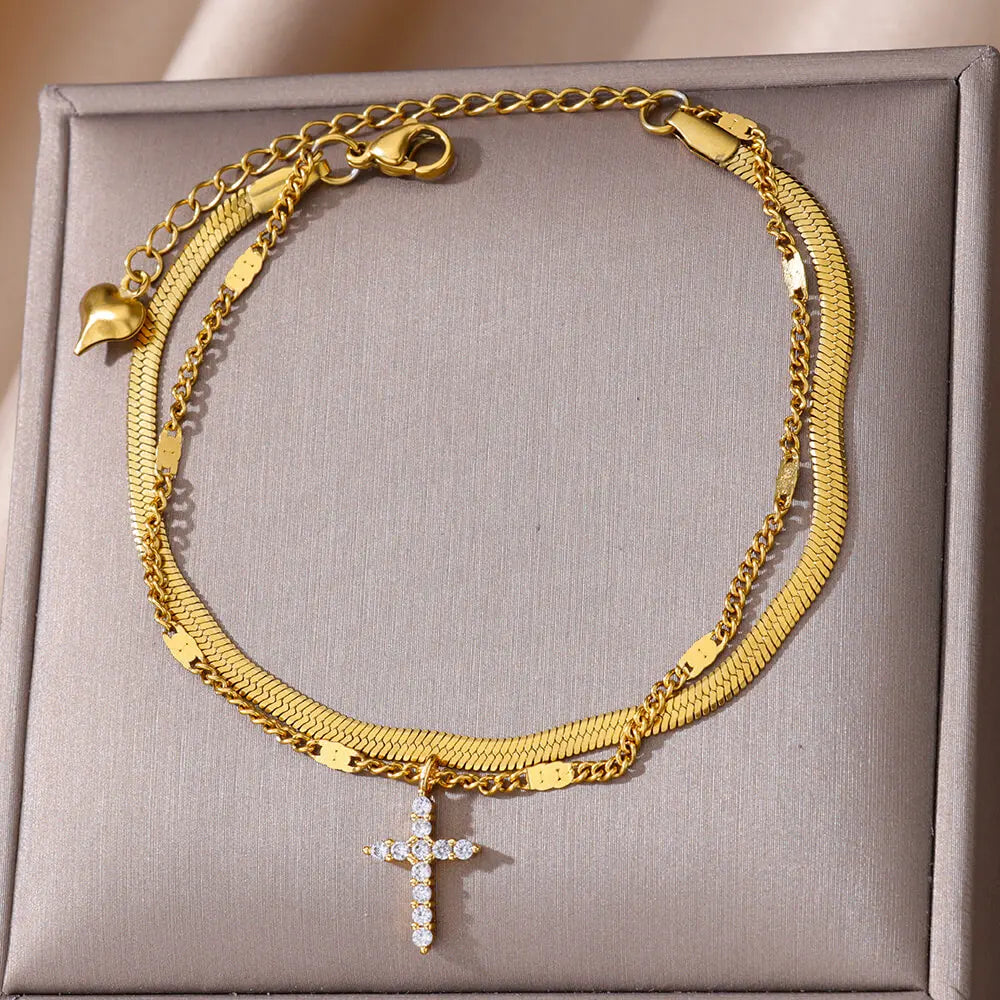 Zircon Cross Anklets For Women Gold Color Stainless Steel Cross Anklet Double Chain Summer Beach Party Jewelry Gift Accessories