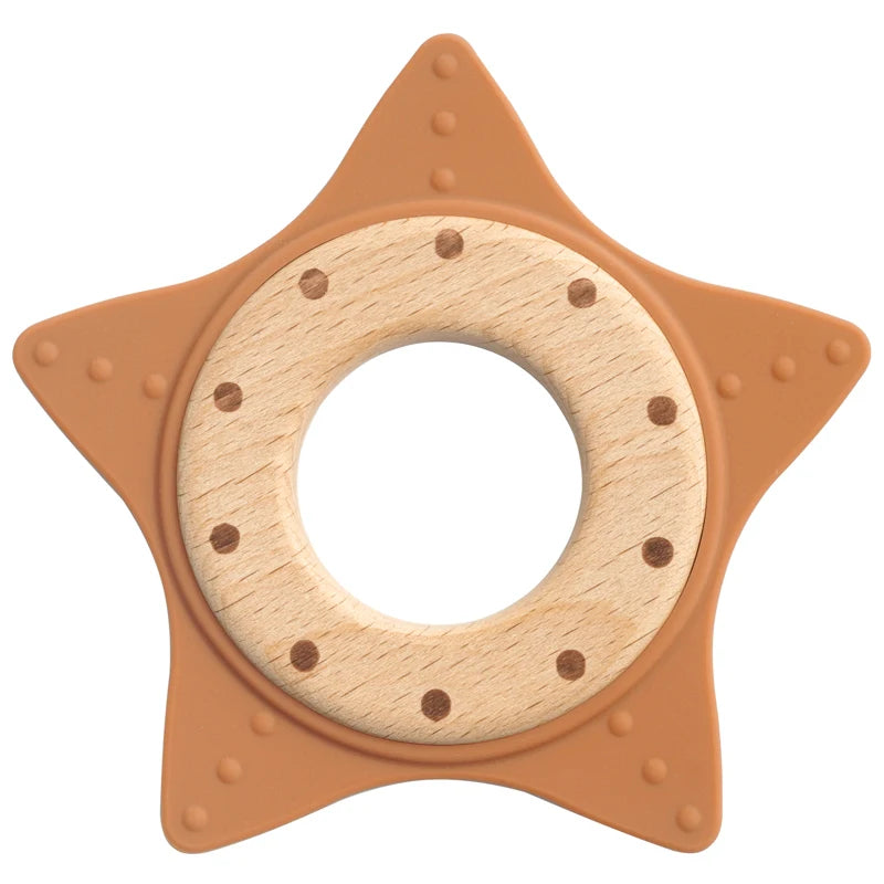 1PC Silicone Teether Baby Star Shape Wooden Ring Kid Baby Toy Gift BPA Free Silicone Children Chewing Teething Goods