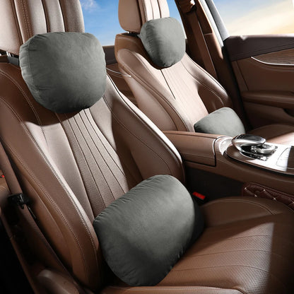 Breathable Suede Car Seat Headrest and Lumbar Pillow Adjustable Height Premium Fabric for Comfort and Stress Relief