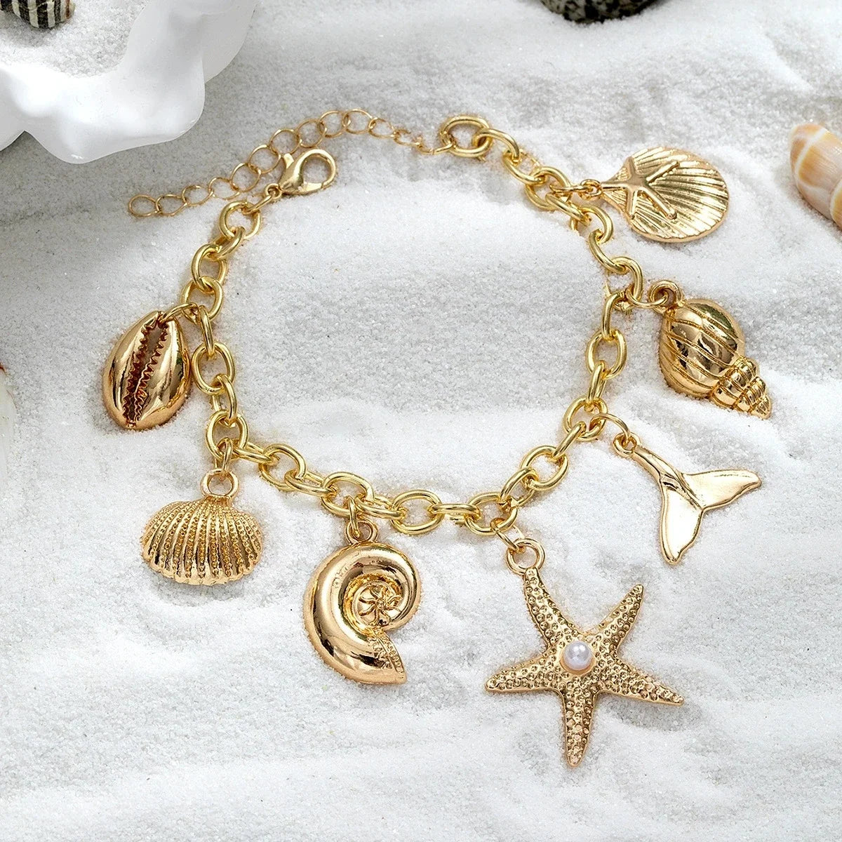 Bohemian Summer Style Bracelet For Women Metal Starfish Shell Scallop Mermaid Charm Bangle Female Fashion Beach Vacation Jewelry