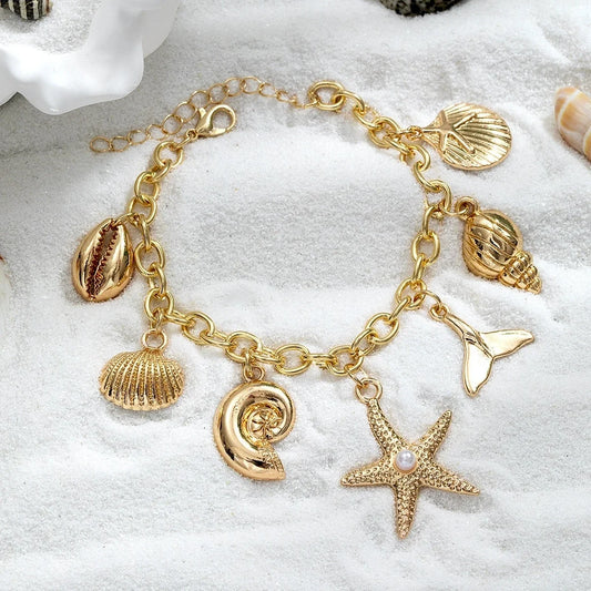 Bohemian Summer Style Bracelet For Women Metal Starfish Shell Scallop Mermaid Charm Bangle Female Fashion Beach Vacation Jewelry