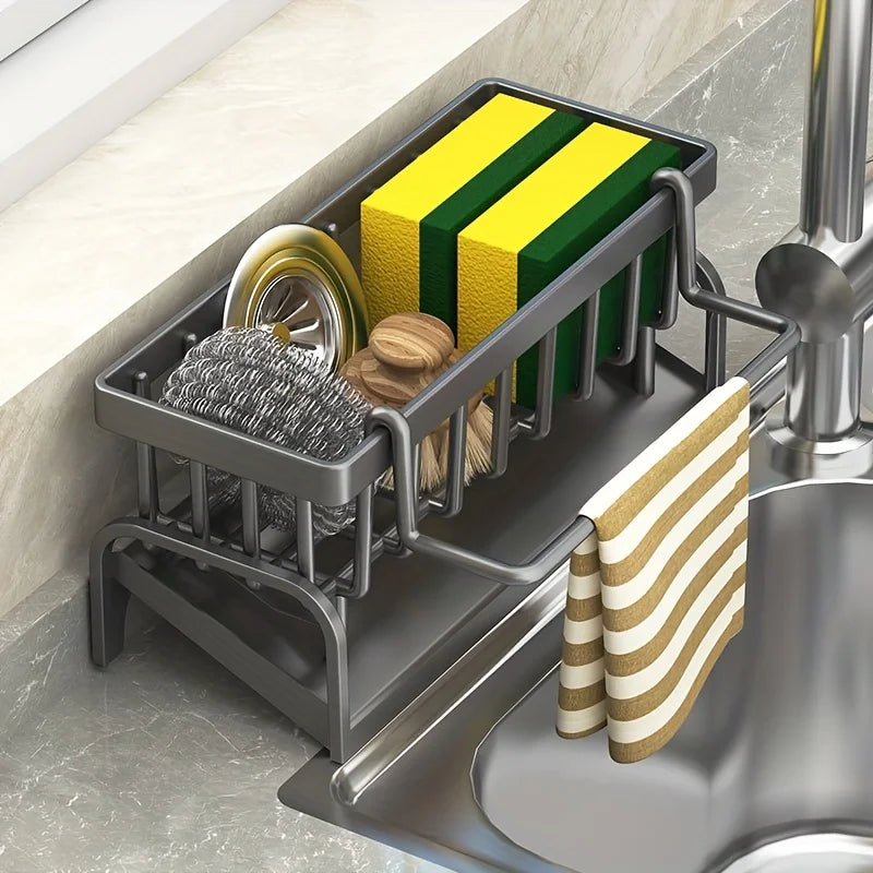 1 Set Durable Sponge Drain Rack Dish Box Kitchen Organizer with Brush Detergent Holder Sink Faucet Rack for Home Bathroom