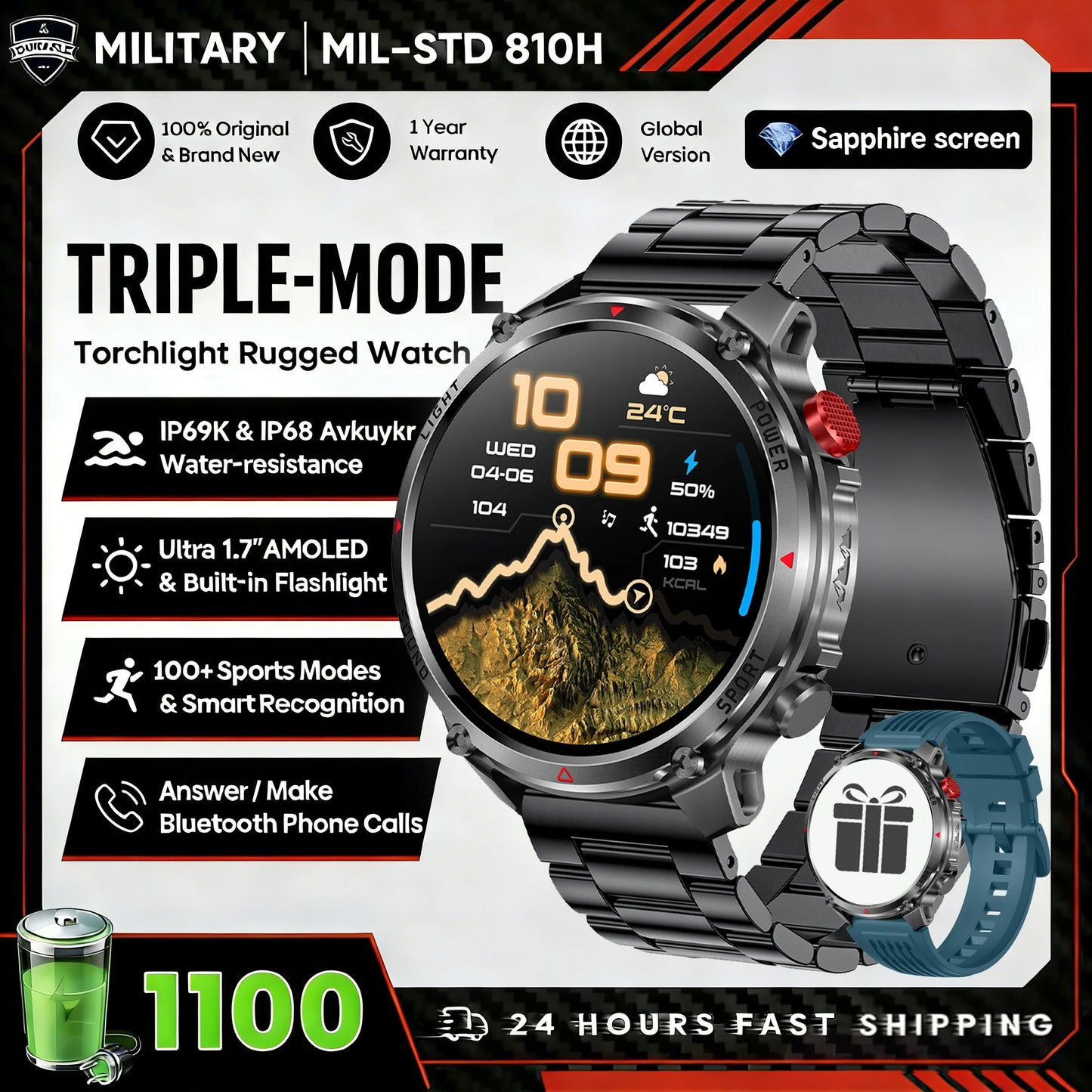 1100mAh Super Capacity Battery Military Outdoor Smart Watch Men 1.7inch Screen Compass Bluetooth Call 3ATM Waterproof SmartWatch