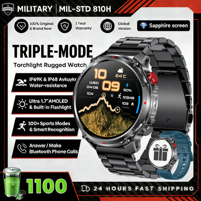 1100mAh Super Capacity Battery Military Outdoor Smart Watch Men 1.7inch Screen Compass Bluetooth Call 3ATM Waterproof SmartWatch