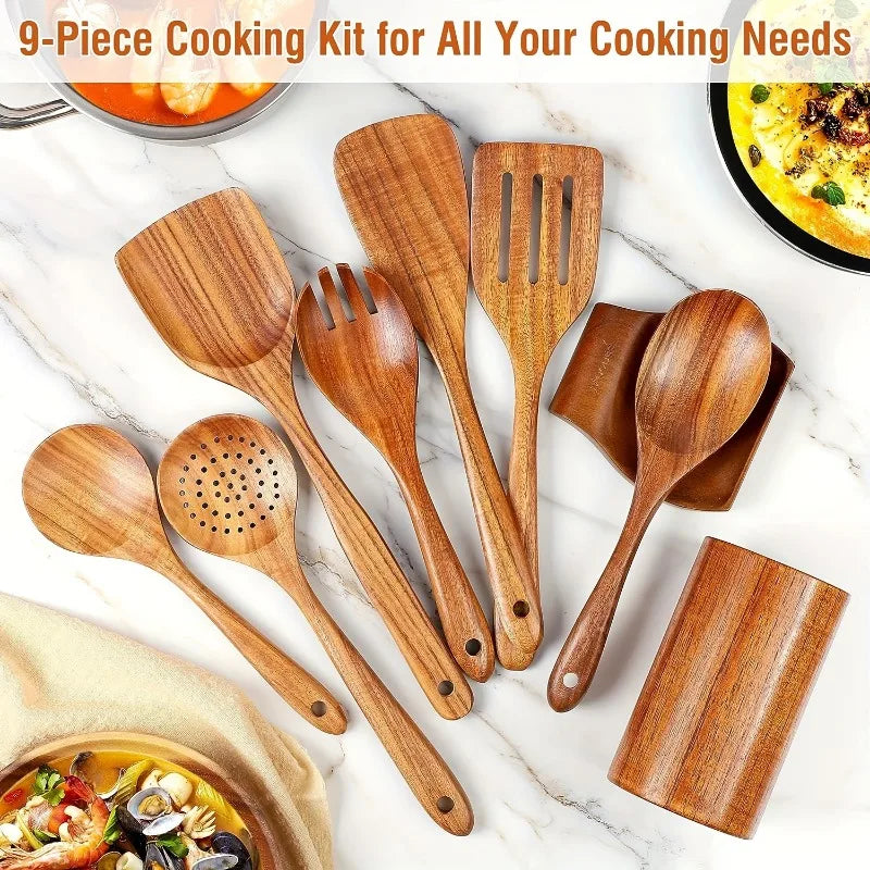 9pcs Premium Wooden Cooking Utensils Set Heat Resistant Non stick Pan Kitchen Cooking Tools Shovel Spoon Salad Spoon Fork