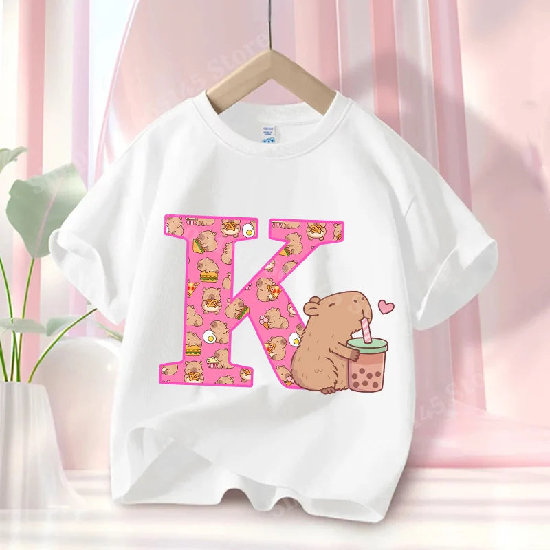 Summer Capibara Anime Letter A-Z Cute Printed Children's T-shirt Girls Short Sleeve Cotton Fashion Tops Kids Clothes Casual Tees