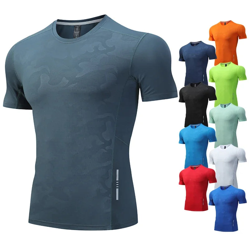 Dry Fit Men Running Shirt Tops Fitness Compression Gym Polyester Sports T-shirt Outdoor Workout Training Muscle Fit Clothing