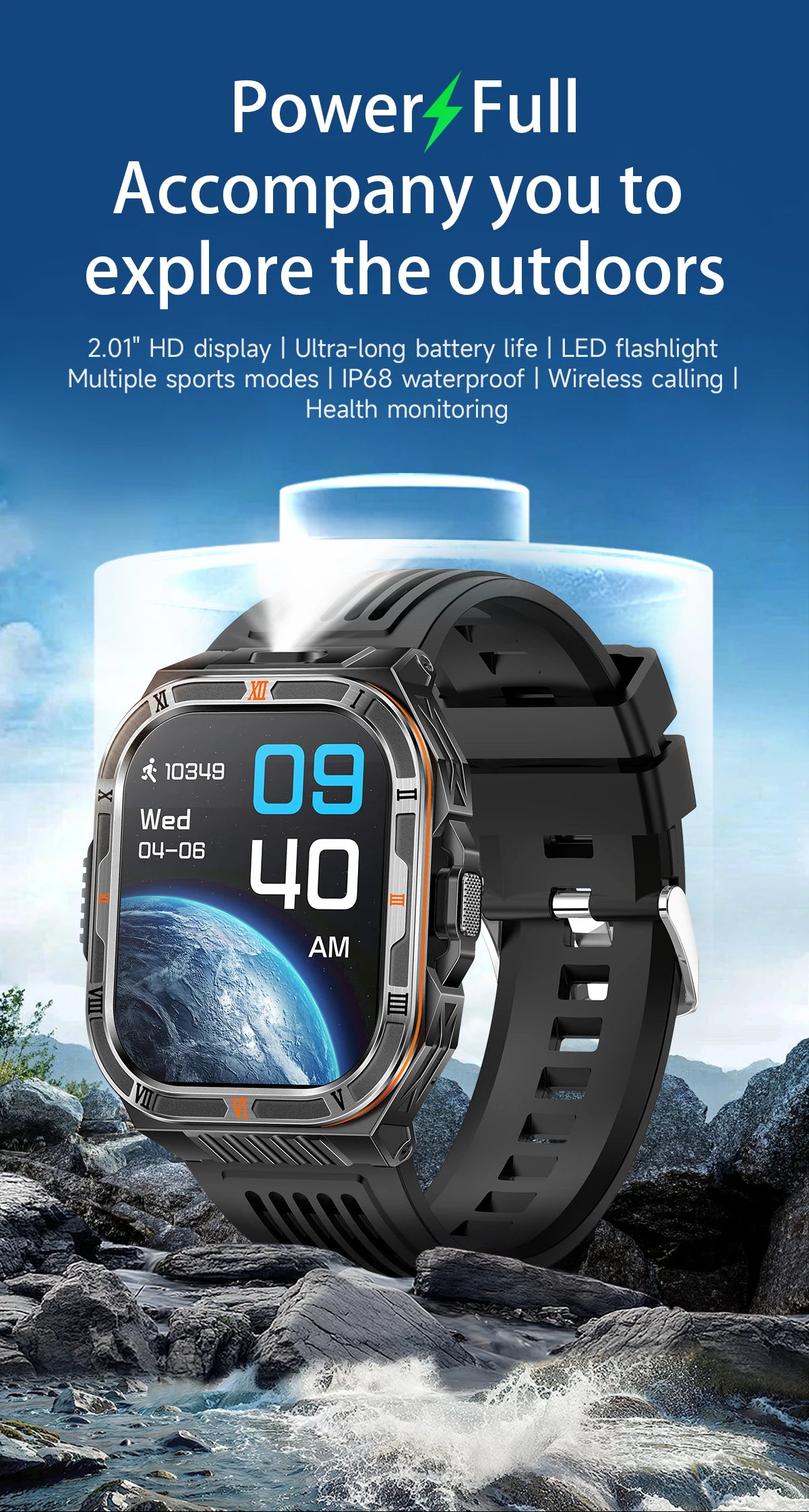 New Smart Watch Men 2.01"HD Screen 3ATM Waterproof Flashlight Health Monitor 1100mAh Battery Sport Bluetooth Call Smartwatch