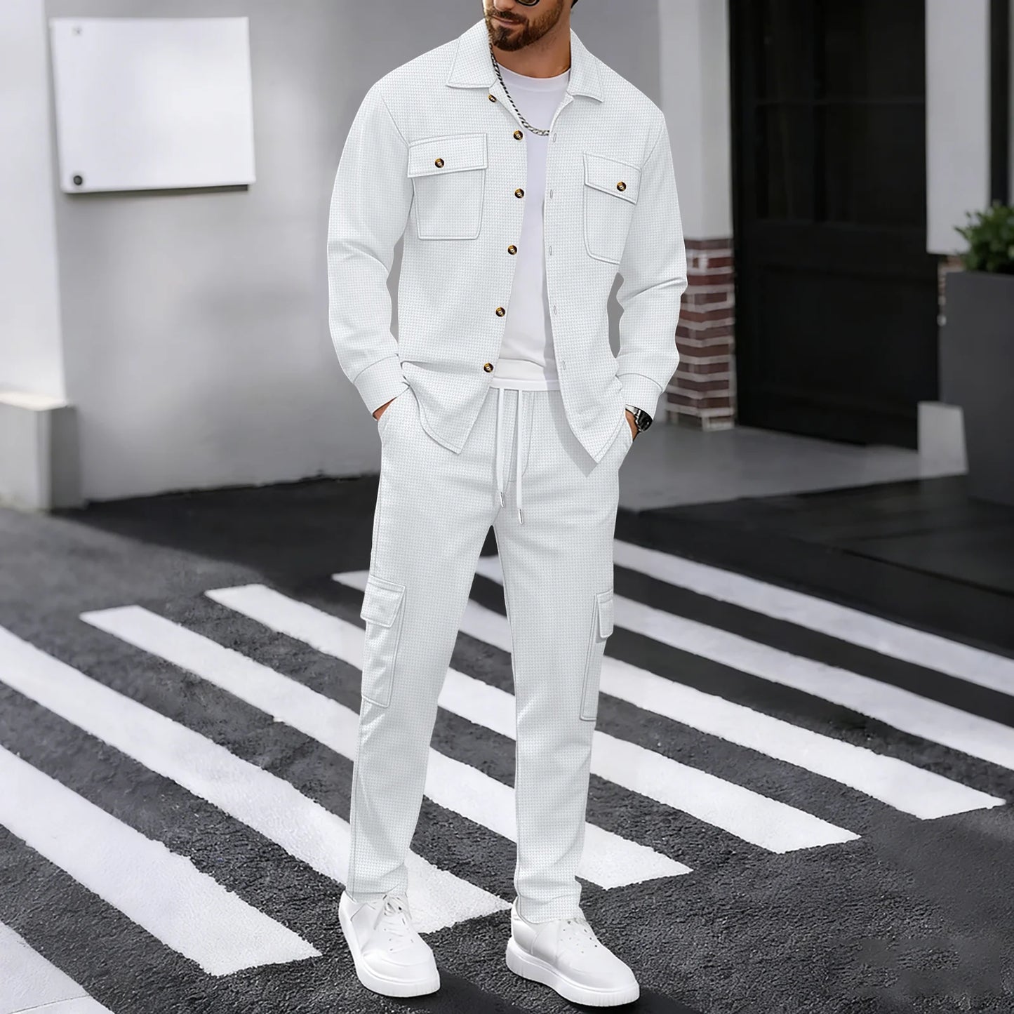 New men's four season outdoor trend casual waffle solid color workwear button pocket lapel jacket workwear pants two-piece set