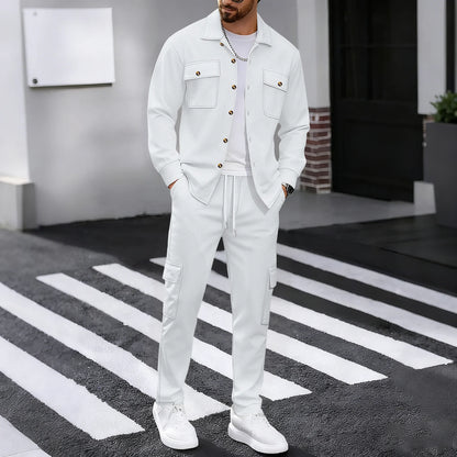 New men's four season outdoor trend casual waffle solid color workwear button pocket lapel jacket workwear pants two-piece set