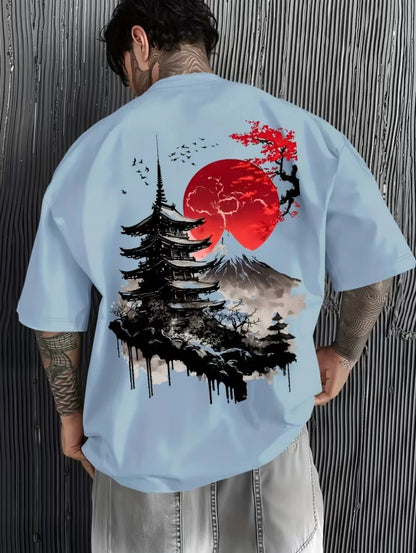 Men's T-Shirts Fuji Mountain Cherry Blossom Print Summer Autumn Harajuku Daily Sports Comfortable Casual Loose Short-Sleeve Top