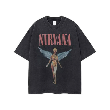 Nirvana rock band men's Retro cotton Washed Tee In Utero album man Women's oversized Y2K distress Tshirt Casual Loose streetwear