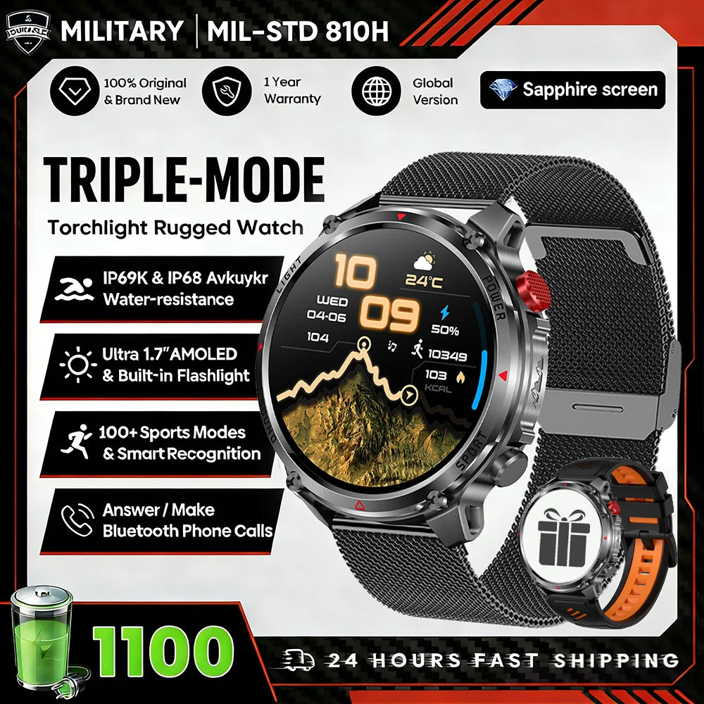 1100mAh Super Capacity Battery Military Outdoor Smart Watch Men 1.7inch Screen Compass Bluetooth Call 3ATM Waterproof SmartWatch
