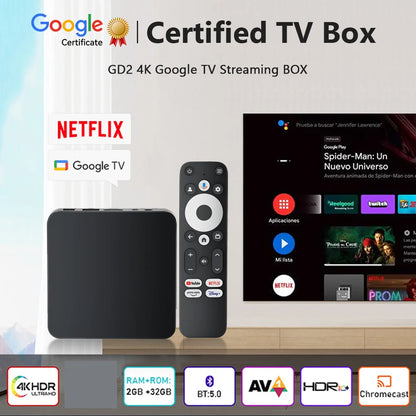 New GD2 TV Box Android 12 Amlogic S905Y4 Processor 2GB RAM 32GB Storage Supports AV1 4K H.265 1080P WiFi Bluetooth Voice