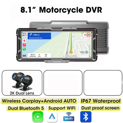 Develuck 8.1" Motorcycle DVR 2K Front Camera Navigation GPS Wireless Carplay Android Auto Moto Monitor with TPMS Sensor Dual BT