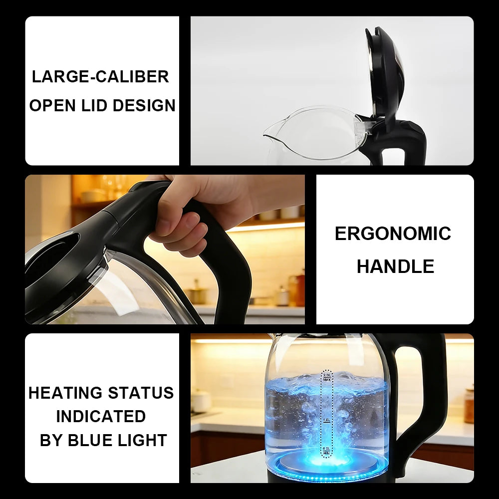 2.0L Electric Glass Kettle Fast Boil Auto Shut Off Dry Boil Protection Borosilicate Glass  Kitchen Appliance for Home
