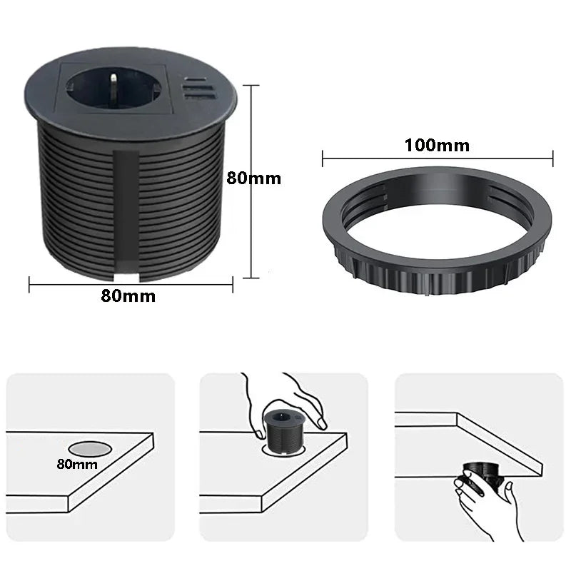 EU Built-in Desktop USB Socket with Type-c Smart Round Grommet table Electrical Power Recessed Outlet 16A for Office Furniture