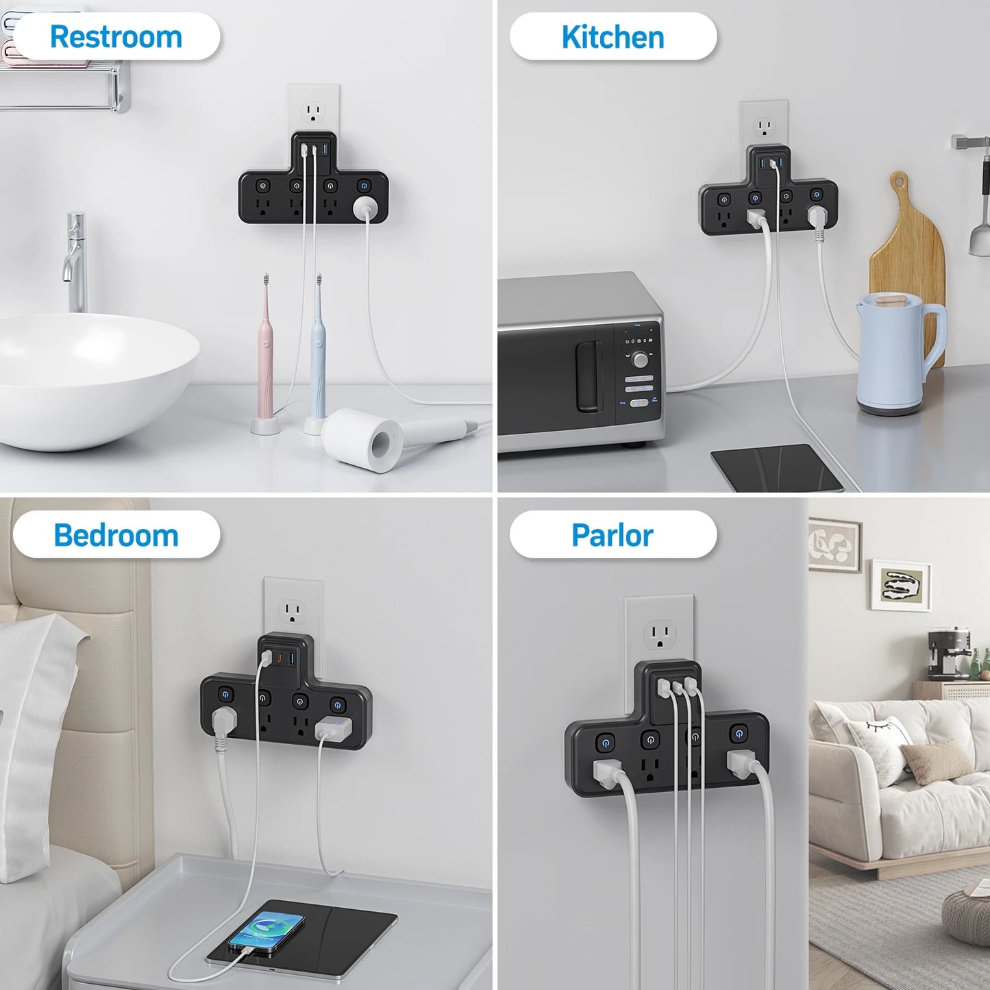 Independent switch socket extender with 3 USB ports and 20W PD fast charging, suitable for home, office, and school