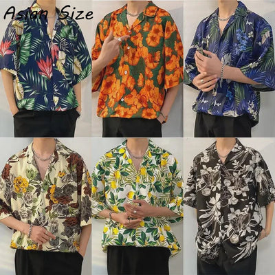 Men Street Fashion New Korea Style Trendy Men Women Hawaiian Shirts Casual Loose Tropical Beach Palm Tree Graphic Lapel Blouses