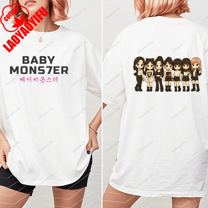 BABYMONSTER Kpop Band T-shirt Korean Fashion Summer Double Sided Tee Short Sleeve Cotton Comfortable Tshirts Women/Men Clothes