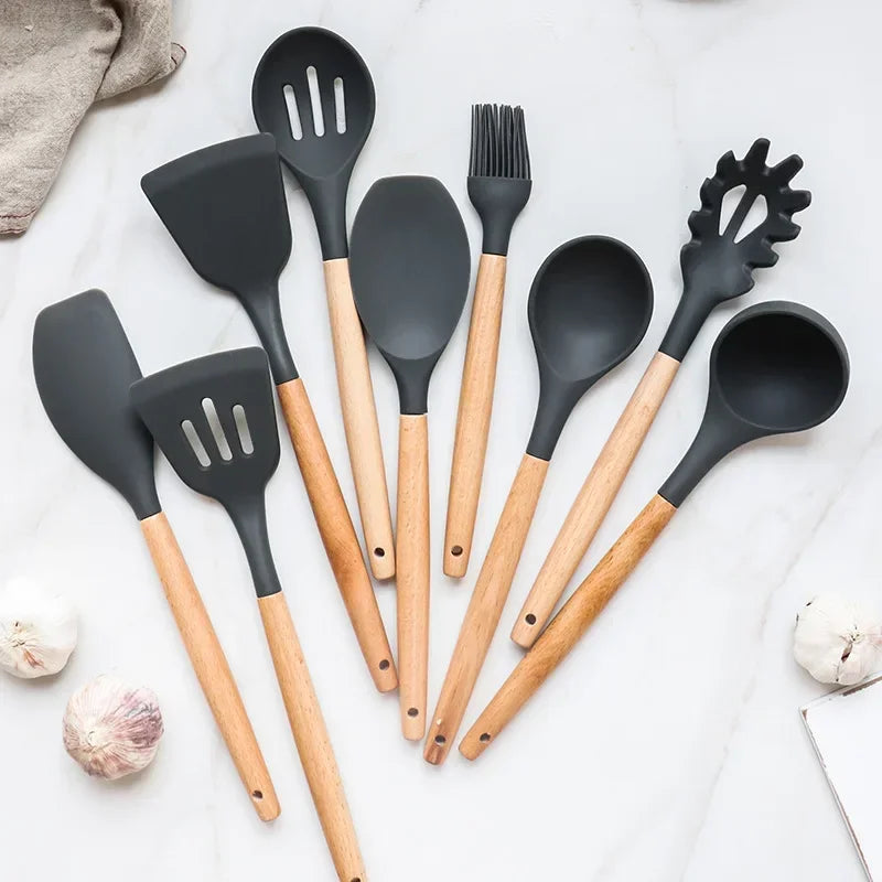 12PCS Mint Green Silicone Kitchen Utensils Set with Wooden Handle, Non-Stick Cooking Tools & Utensil Holder Organizer
