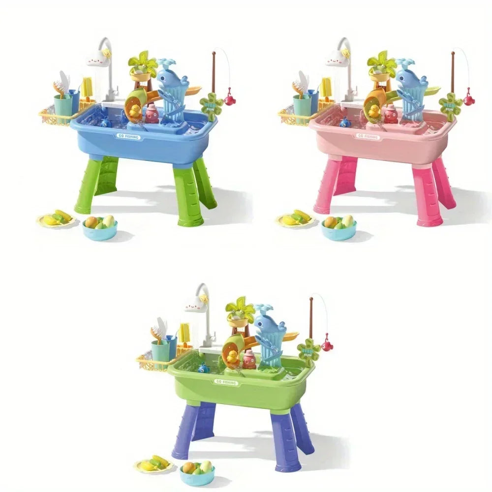 Kids Play Sink with Running Water & Electric Faucet,Water table with Pump,Tableware & Fishing Game,Toy Kitchen Sets for Kids