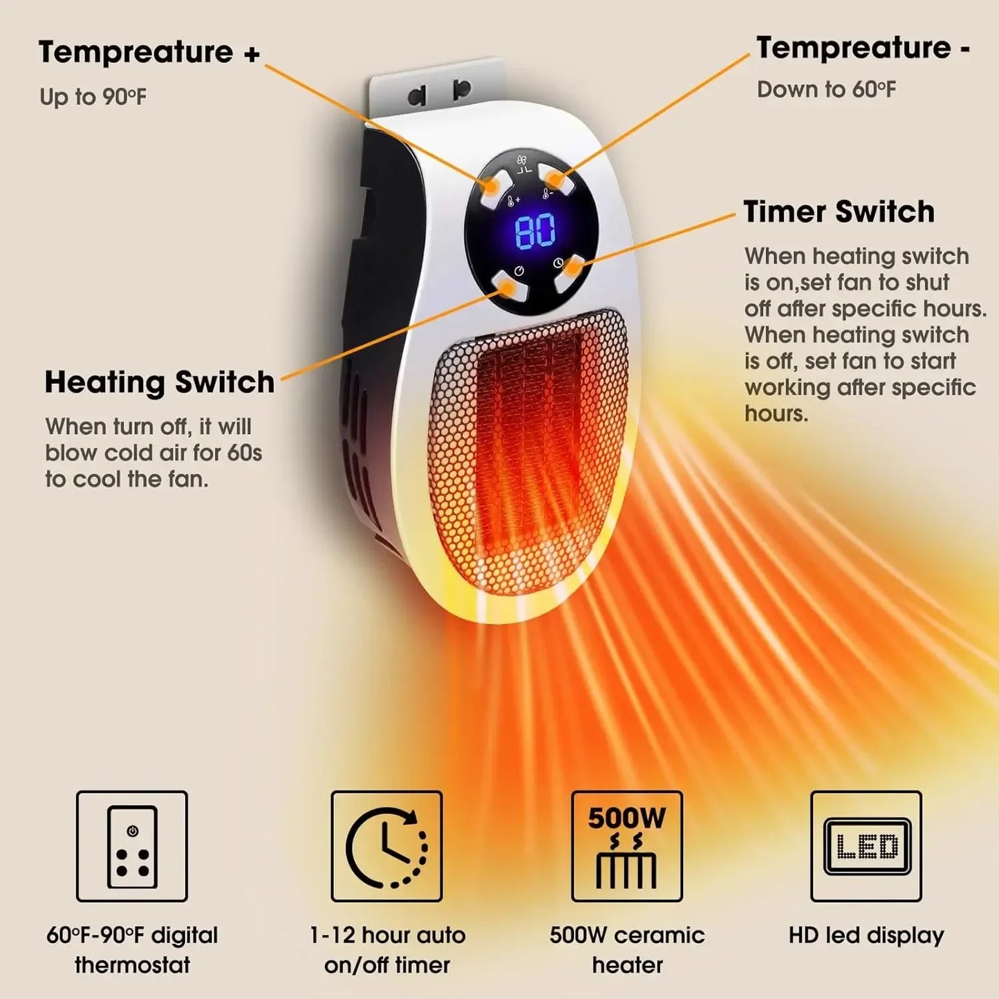 500W Portable Heater Electric Heater with Adjustable Thermostat Timer and Led Display Home Electric Heater Household Appliances