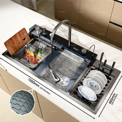 Stainless Steel Kitchen Sink Multifunctional Digital Display Waterfall Large Single Slot With Rack For Knife Wash Dish Basin