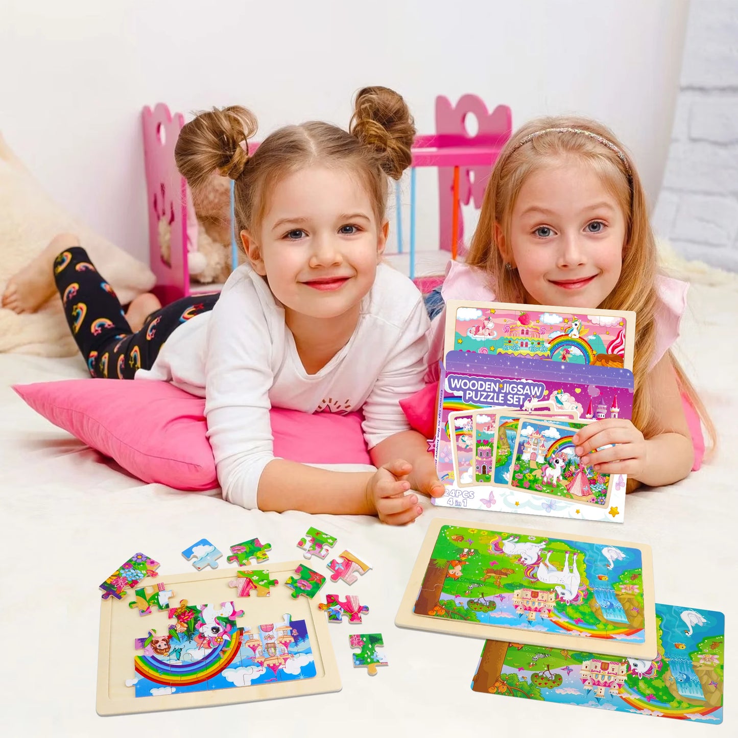 4 Packs Unicorn Princess Educational Preschool Toddler Wooden Jigsaw Puzzles Gifts for 3 4 5 6 Years Old Girls Boys