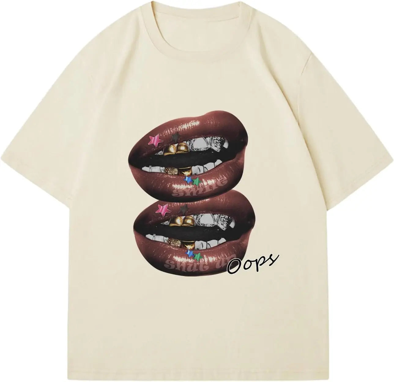 Chic Lips Golden Teeth Vintage T-shirt Rock Goth Casual Tee Clothing Men Oversized Cotton T Shirt Harajuku Y2k Tops Streetwear