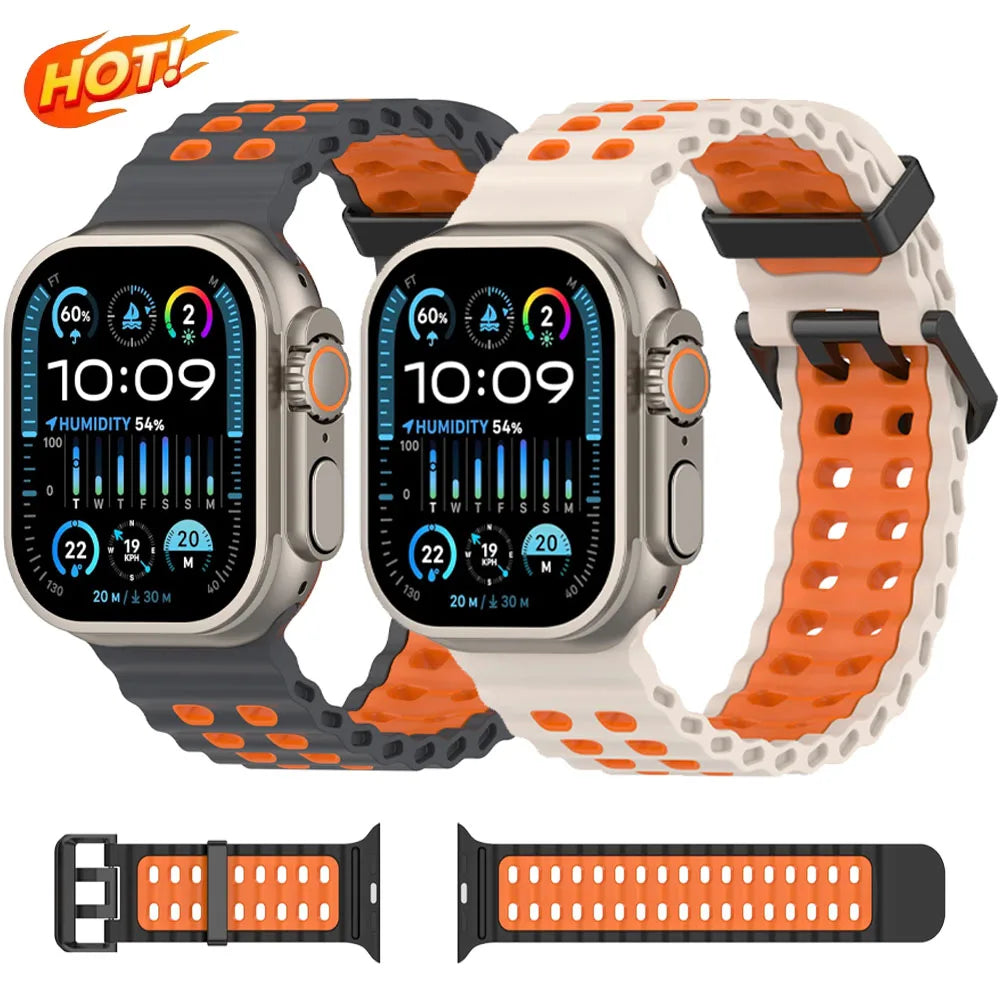 Two-Tone Ocean Silicone Strap for Apple Watch Ultra/2 49mm Sports Comfortable Lightweight Band iWatch 10 9 8 7 6 5 4 SE Bracelet