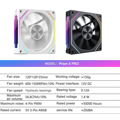 Power Train PRISM 5 Pro Computer Chassis Fan 120mm ARGB 4Pin PWM Quiet CPU Cooling Fan 12V Large Air Volume 56.8CFM/600-1500RPM