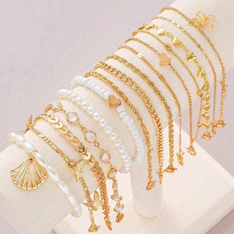 13pcs/Set Bohemian Heart Butterfly Rhinestone Anklet for Women Faux Turquoise Multi-Element Anklets Summer Beach Party Jewelry