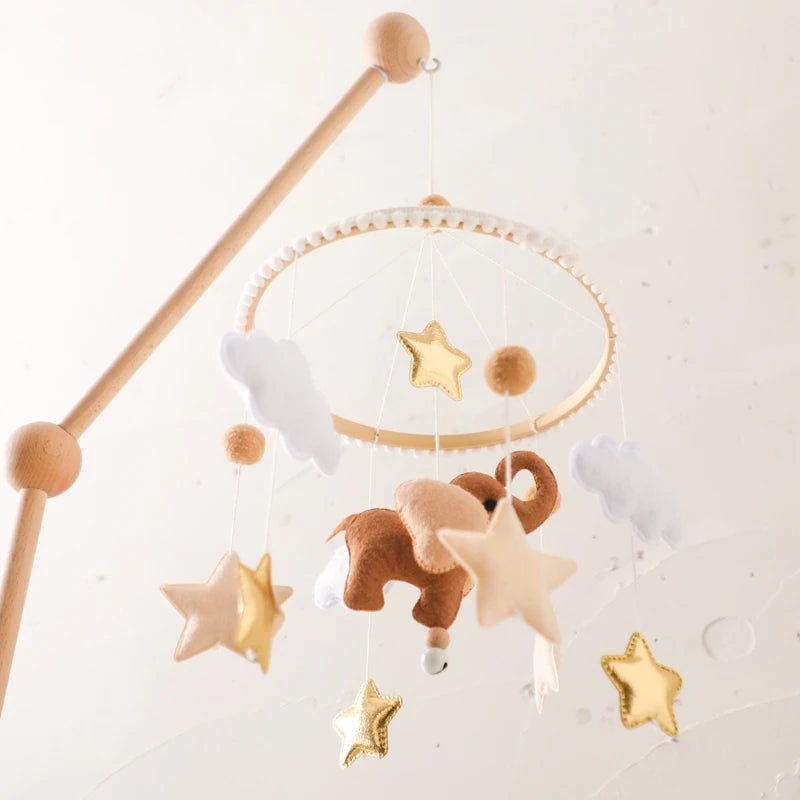 Baby Wooden Rattles Bed Bell Soft Felt Cartoon Elephant Cloudy Star Hanging Bed Bell Mobile Crib Montessori Education Toys