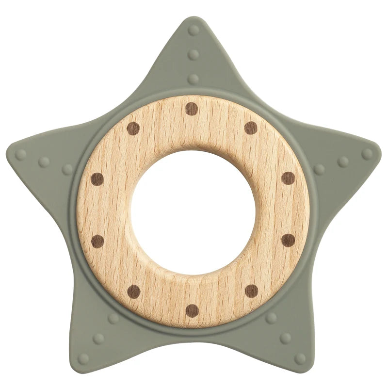 1PC Silicone Teether Baby Star Shape Wooden Ring Kid Baby Toy Gift BPA Free Silicone Children Chewing Teething Goods