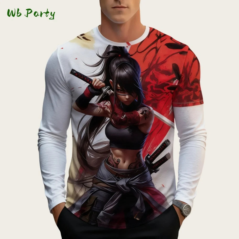 Japanese Long Sleeve Mens 3D Samurai Cartoon Pattern T-Shirt O-Neck Long Short Sleeve Breathable Style Streetwear Men's Clothing