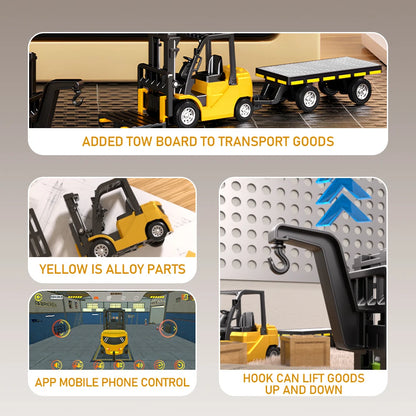 1:64 Bluetooth Remote Control Crane And Forklift two-in-one Desktop Mini Alloy Toy Car With Trailer Christmas Gift In Color Box