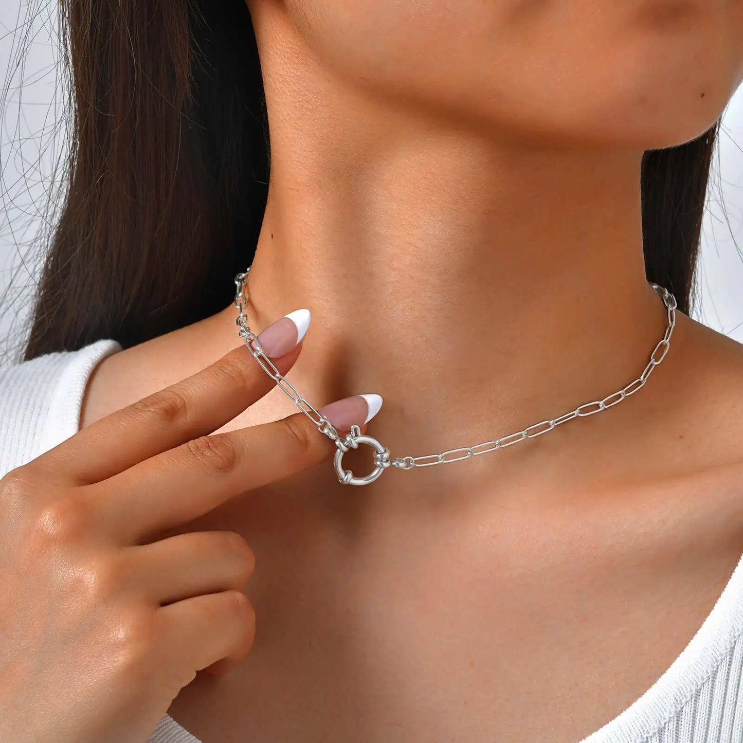 Vnox 2 Color Rectangular Chain 40cm Necklaces For Women, Stainless Steel Round Buckle Pendant, Metal Choker Neck Jewelry Gifts