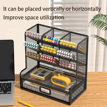 Desk Organizer Mesh Desktop Office Supplies Pen Holder Stationery Holder with 9 Compartments and 1 Drawer for Office Home School